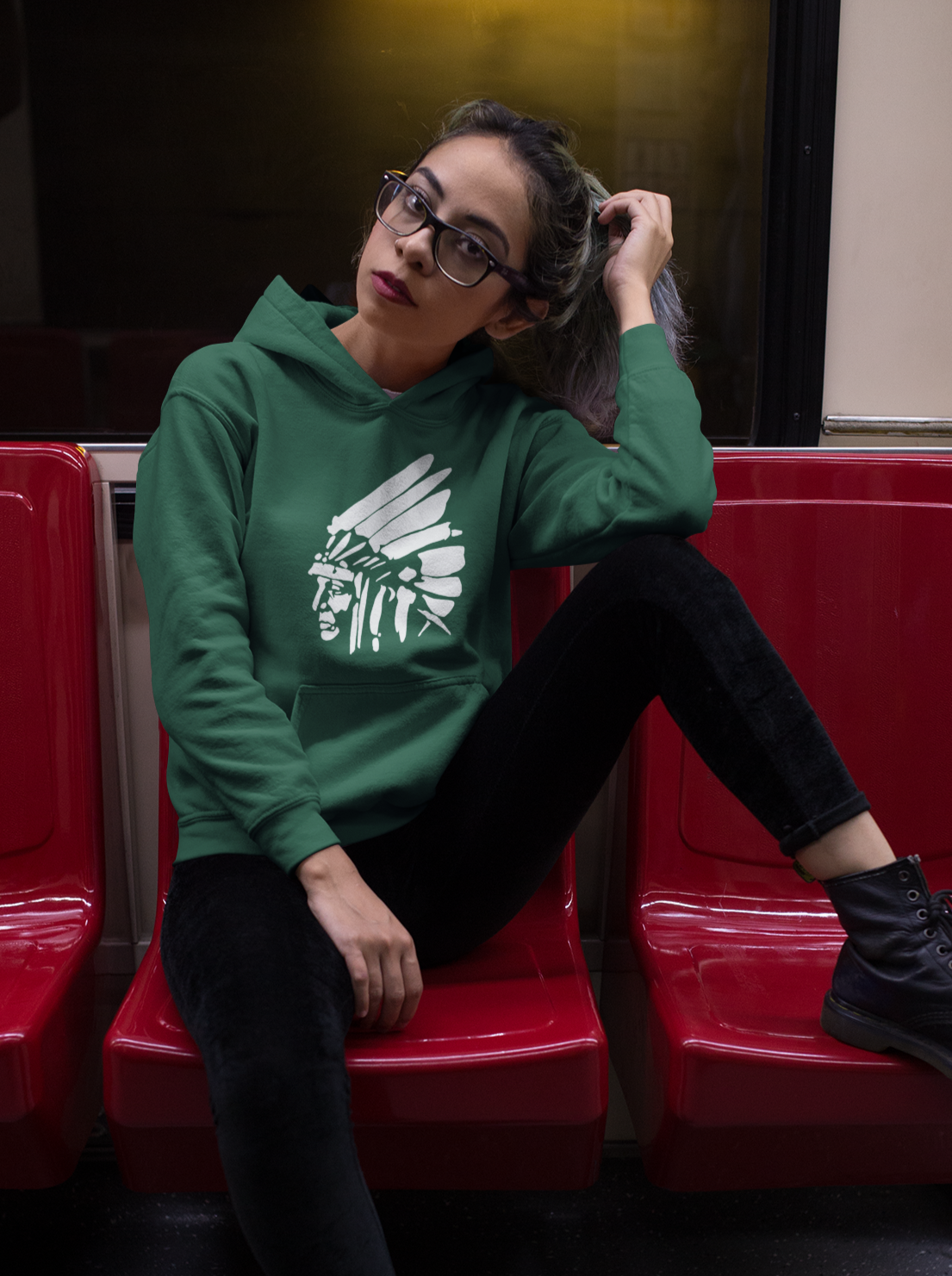 White Shield Hoodie - White Ink on Forest Green