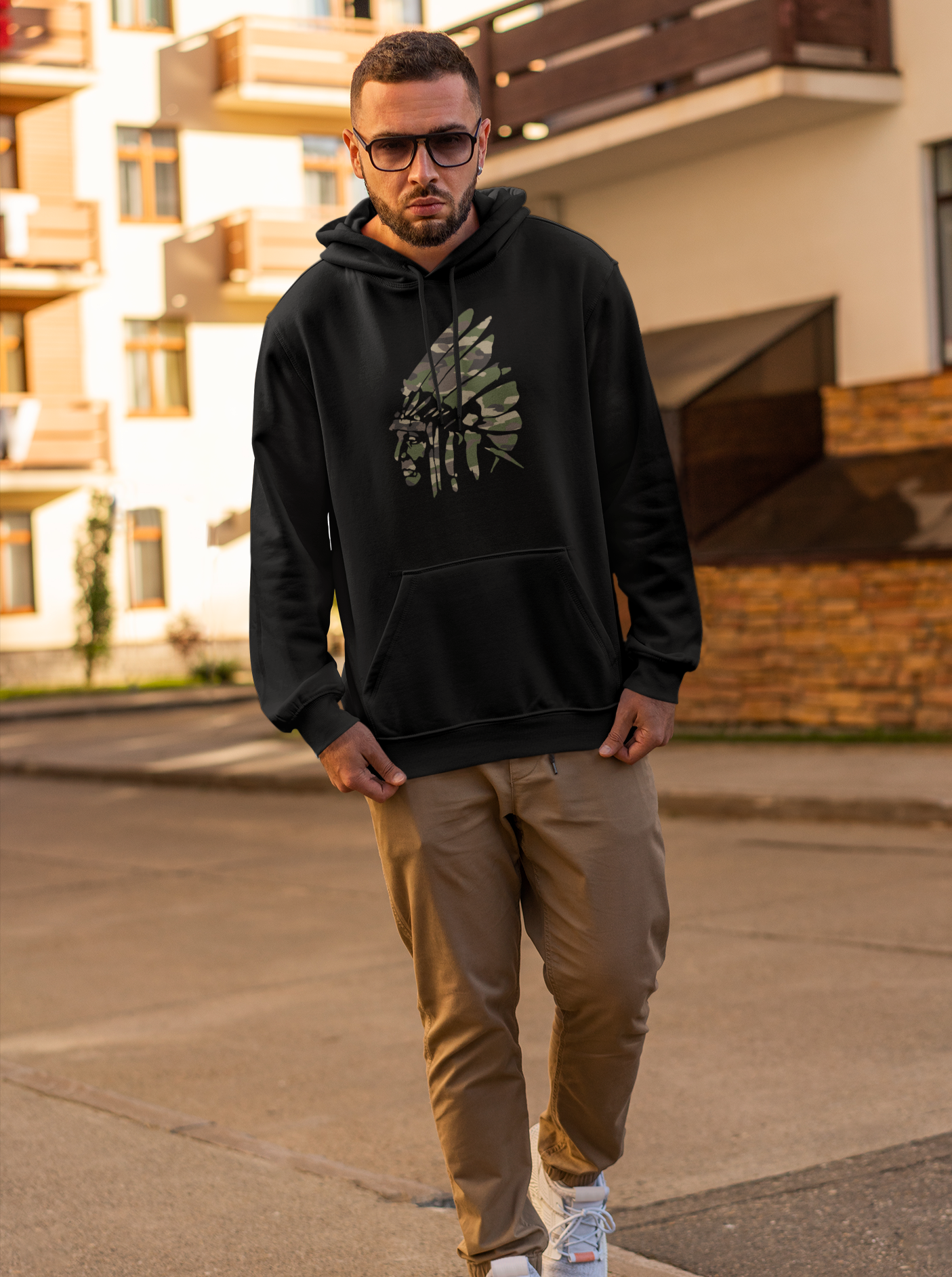 White Shield Hoodie - Camo Ink on Black