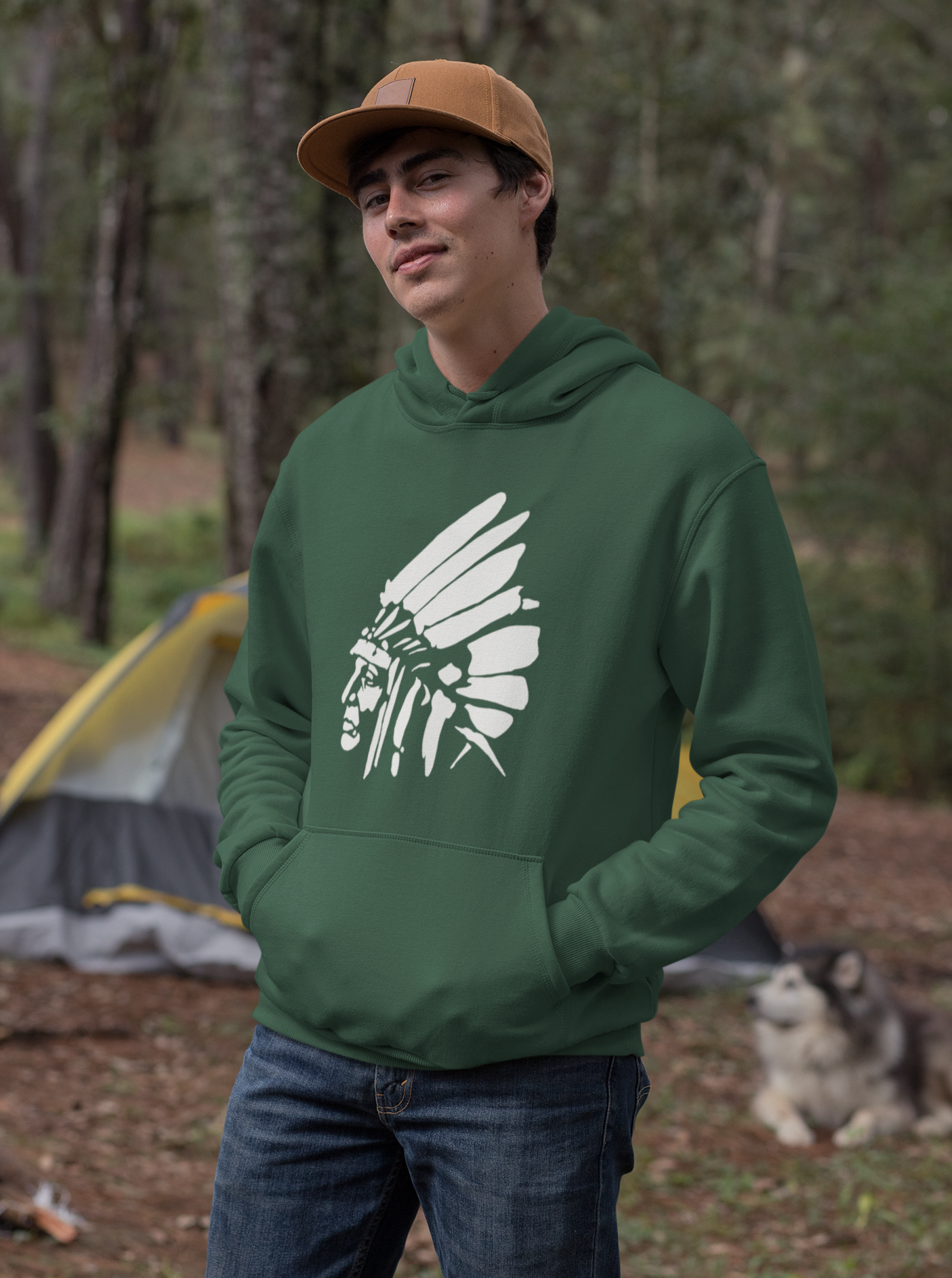 White Shield Hoodie - White Ink on Forest Green