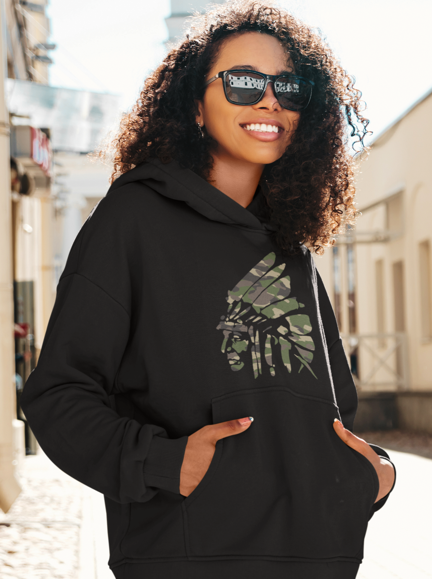 White Shield Hoodie - Camo Ink on Black