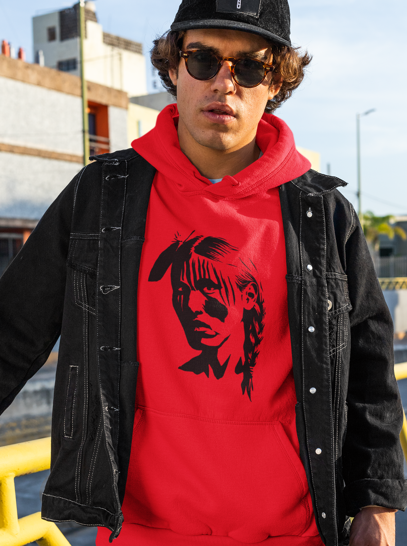 Young Warrior Hoodie - Black Ink on Red