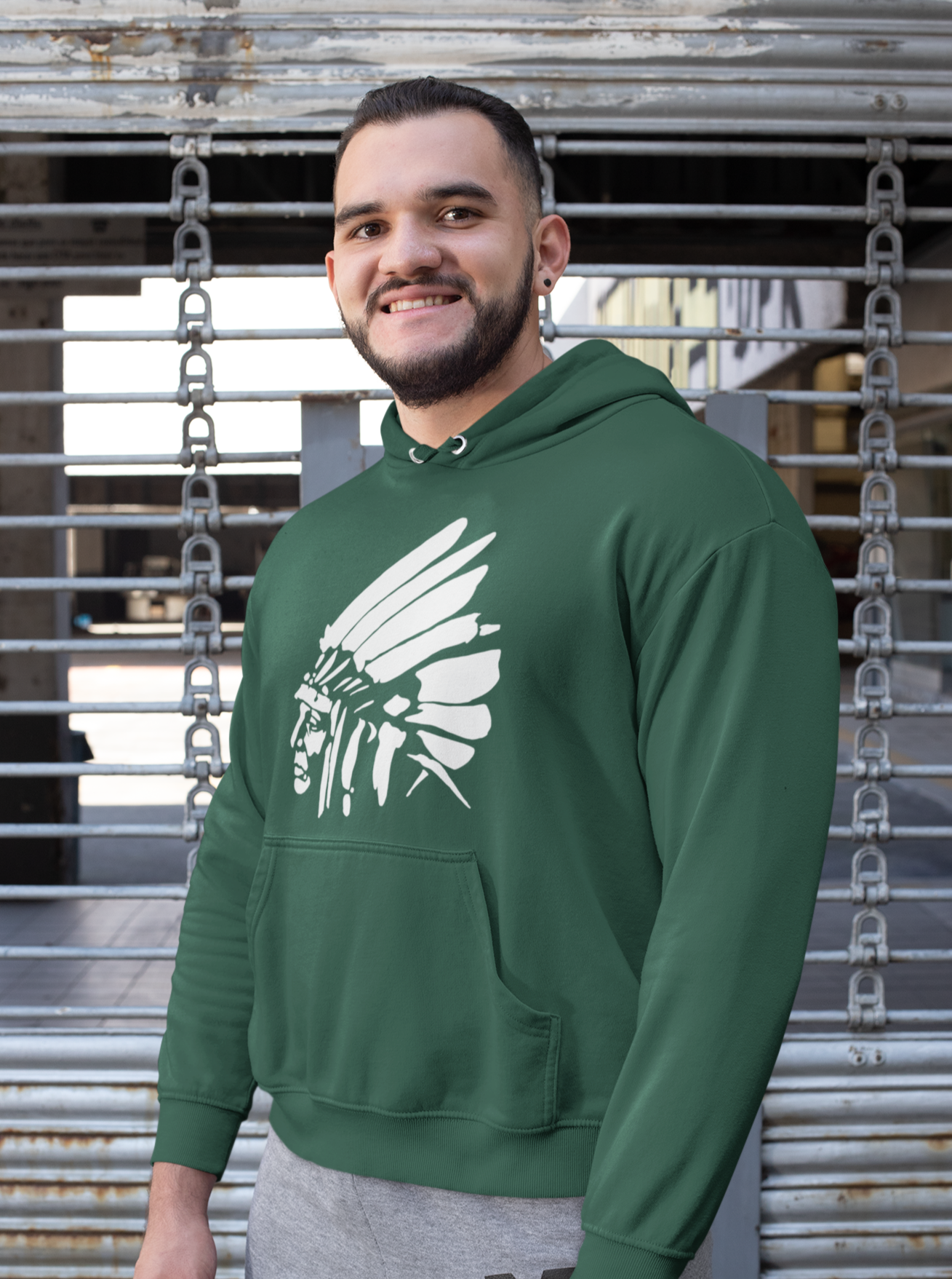 White Shield Hoodie - White Ink on Forest Green